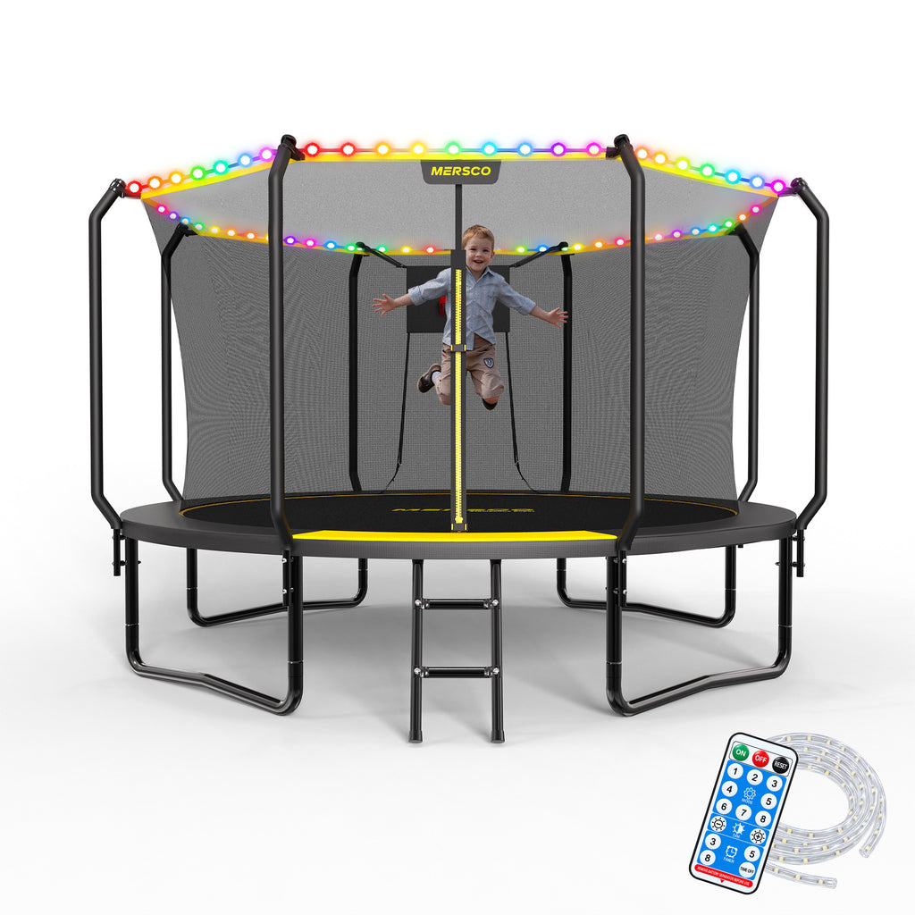 Mersco 8FT Kids Trampoline with Solar LED Lights & Basketball Hoop, ASTM Certified Heavy Duty Outdoor Trampoline with Enclosure Net and Ladder for Backyard Family Fun, Jumping Trampoline SUPER