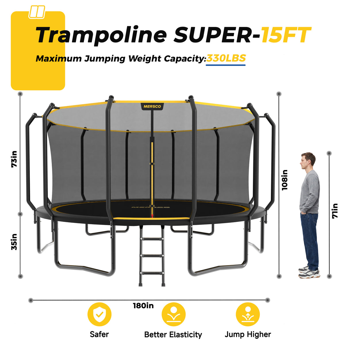 Mersco 15FT Kids Trampoline, Heavy Duty Outdoor Trampoline with Safety Enclosure Net and Upgraded Ladder for Backyard Family Fun, Jumping Trampoline SUPER