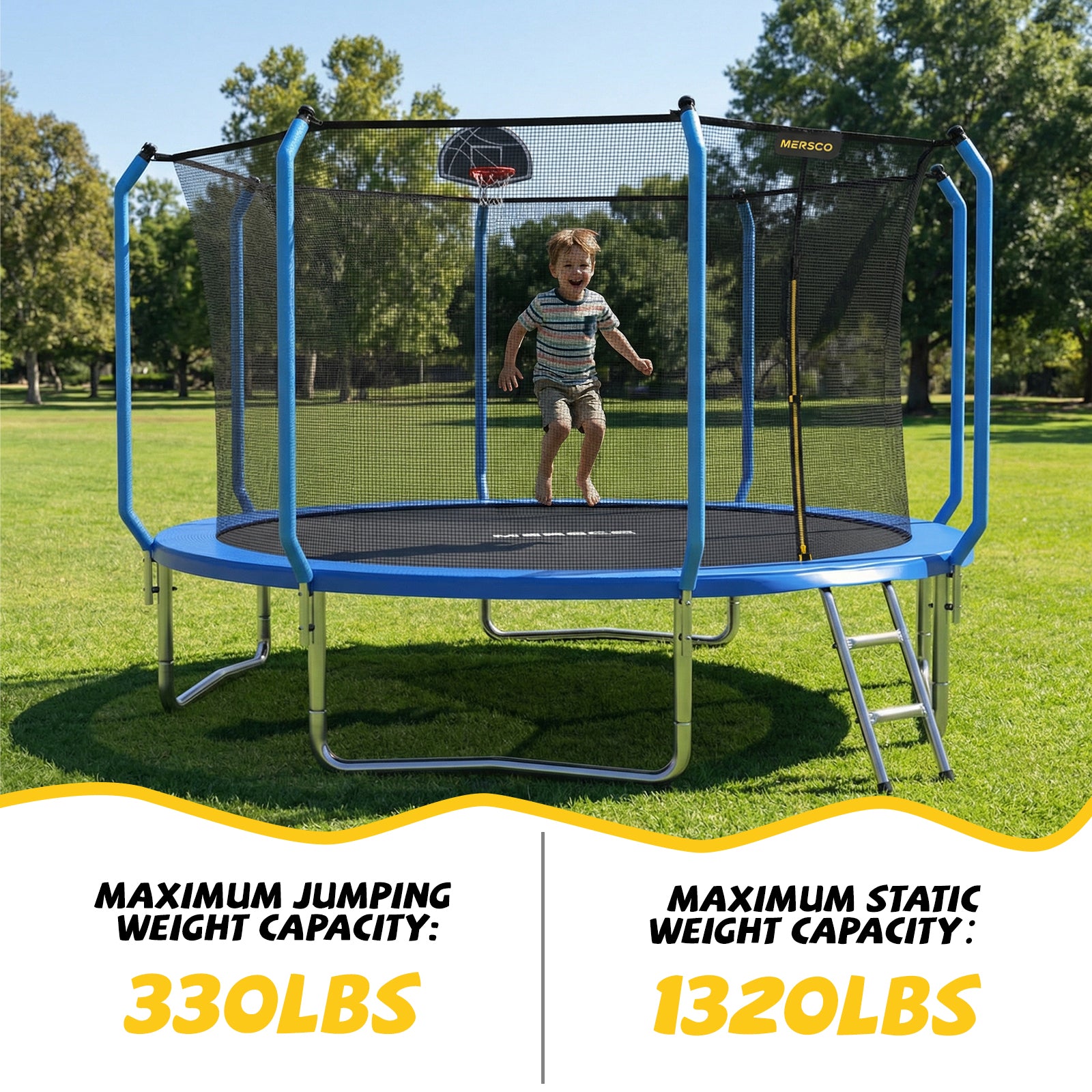 Mersco 12ft Trampoline for Kids and Adults,No-Gap Design Outdoor Trampoline with Basketball Hoop,Enclosure Net and Ladder,Jumping Trampoline SUPER for Boys and Girls Birthday Gift,Blue
