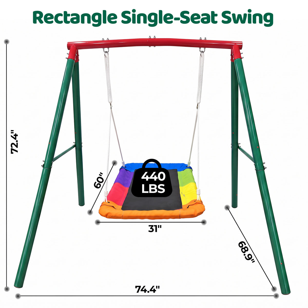 Mersco 60" Platform Swing Seat and Sturdy Metal A-Frame Stand for Kids , Detachable Rectangular Swing, 440 lbs Heavy-Duty A-Frame for Small Backyard Fun,Green