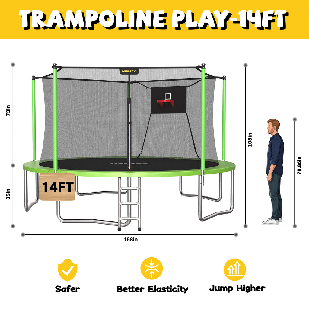 Mersco 14ft Trampoline for Kids and Adults, Outdoor Trampolines with Basketball Hoop and Enclosure Net, Heavy Duty Jumping Trampoline PLAY for Indoor Outdoor Boys and Girls Birthday Gift, Green