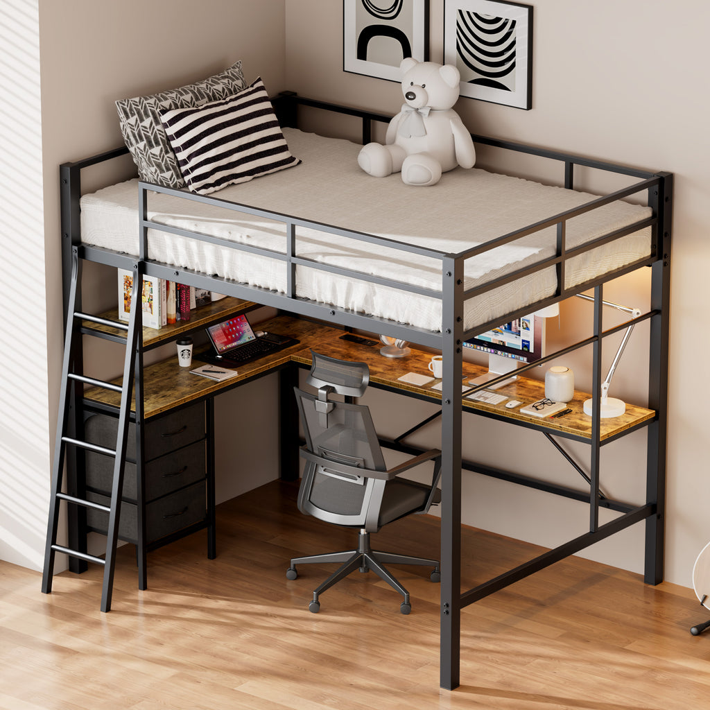 Uiowio Full Metal Loft Bed Frame with L-Shaped Desk & LED Lights & Charging Station, Loft Bed with 3 Fabric Drawers & 2 Storage Shelves, Safety Guard & Stairs, Black