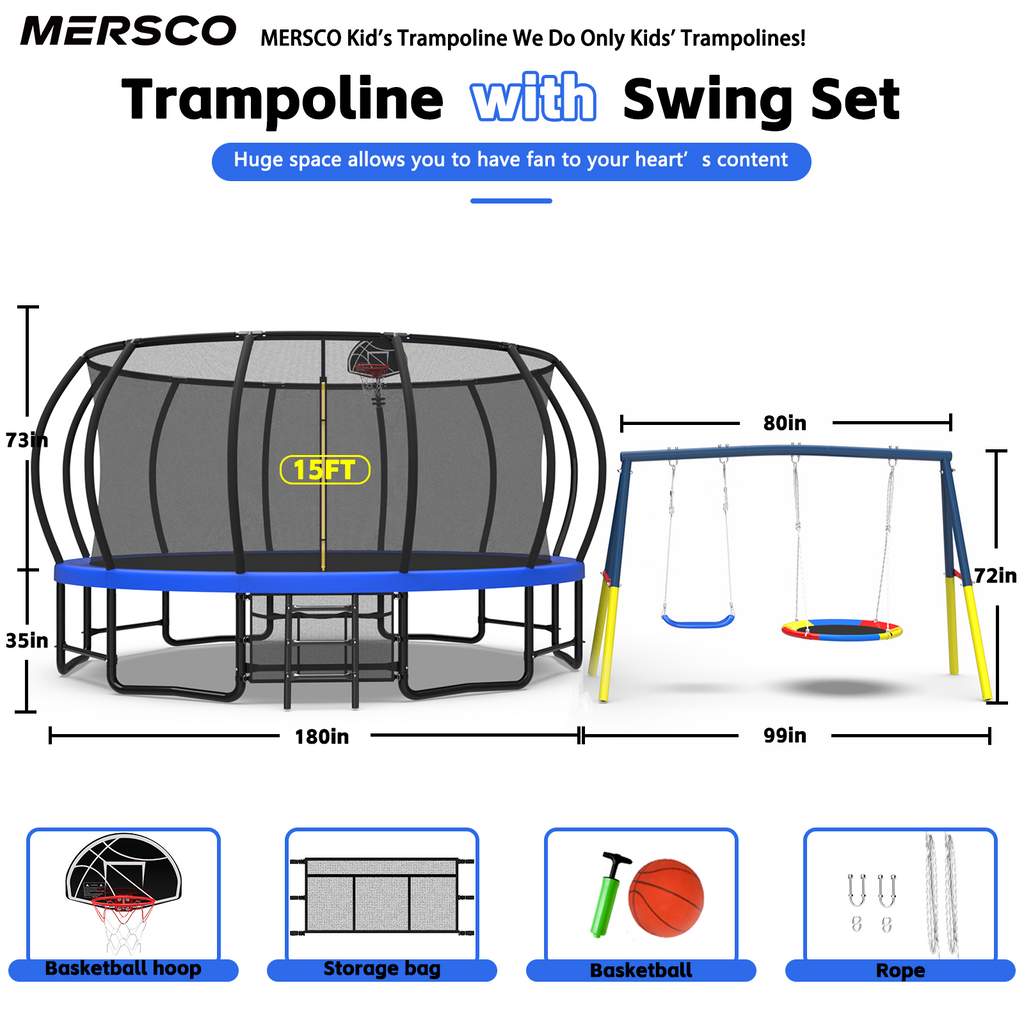 Mersco 15FT Heavy Duty Trampoline with Enclosure Net ,Swing Set Outdoor Big Trampoline for Backyard, Kids Trampoline with Basketball Hoop, Kids Birthday and Festival Gifts,Blue