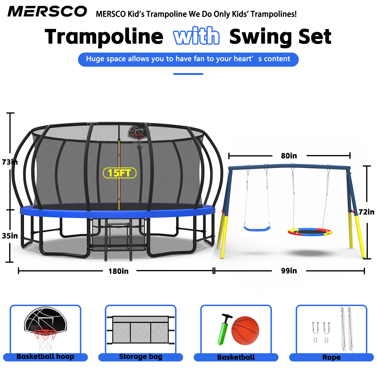 Mersco 15FT Heavy Duty Trampoline with Enclosure Net ,Swing Set Outdoor Big Trampoline for Backyard, Kids Trampoline with Basketball Hoop, Kids Birthday and Festival Gifts,Blue