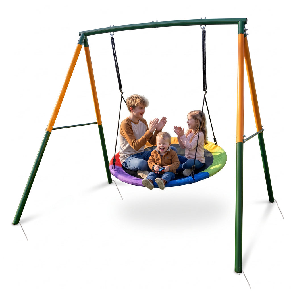 Kdymod 48" Saucer Swing Set, 900D Oxford Disc Seat, Heavy‑Duty Double A‑Frame Metal Swing Set for Backyard, Outdoor Playground for Kids 3‑10, Green