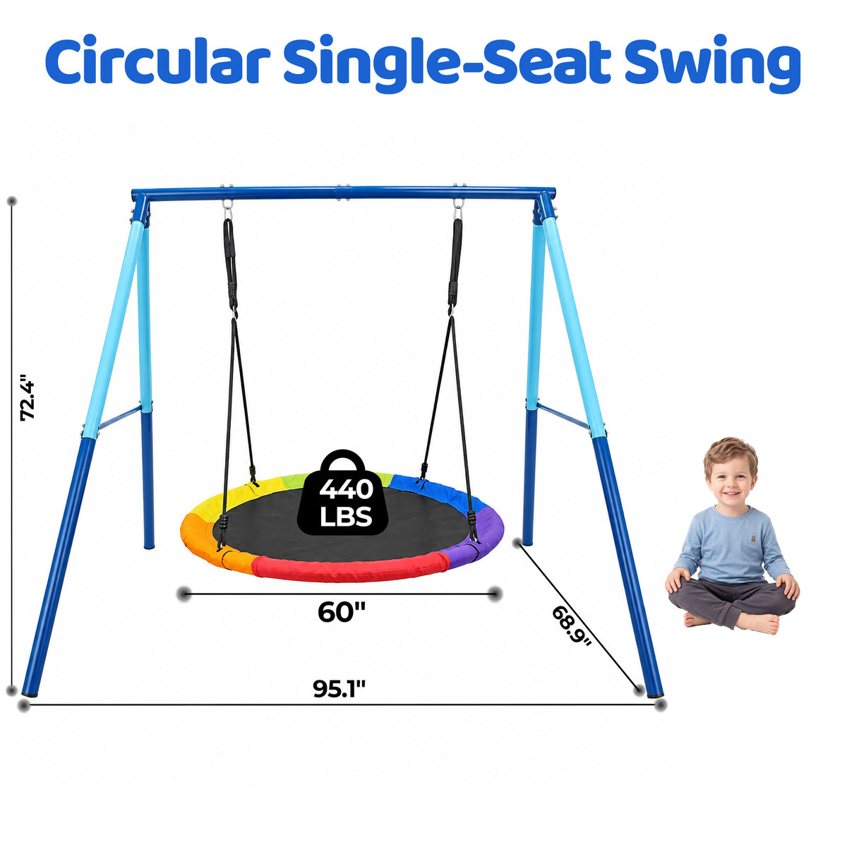 Mersco 60" Saucer Swing with Stand for Adults & Kids, Extra-Large Detachable Round Swing, 440 lbs Heavy-Duty A-Frame for Small Backyards & Camping,Blue