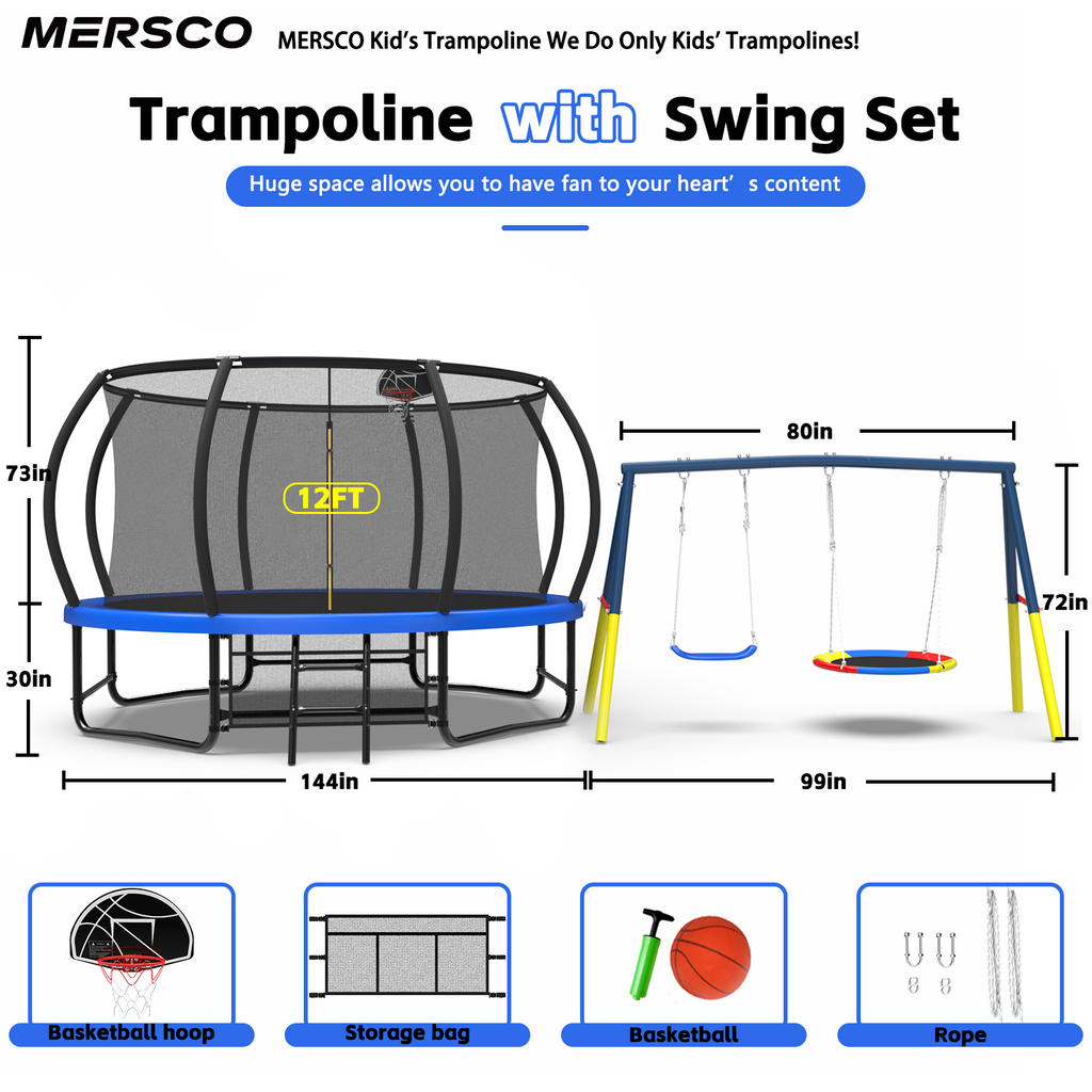 Mersco 12FT Heavy Duty Trampoline with Enclosure Net , Swing Set Outdoor Big Trampoline for Backyard, Kids Trampoline with Basketball Hoop,Kids Birthday and Festival Gifts, Blue