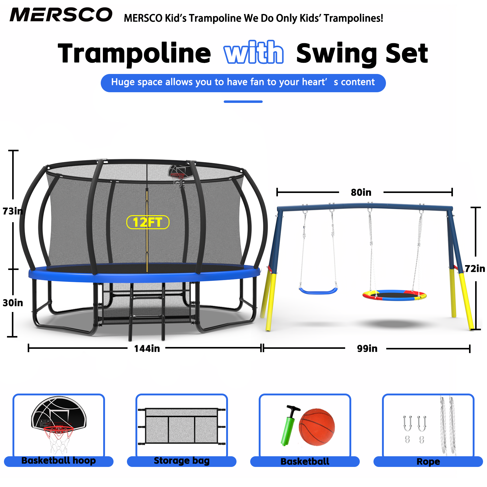 Mersco 12FT Heavy Duty Trampoline with Enclosure Net , Swing Set Outdoor Big Trampoline for Backyard, Kids Trampoline with Basketball Hoop,Kids Birthday and Festival Gifts, Blue