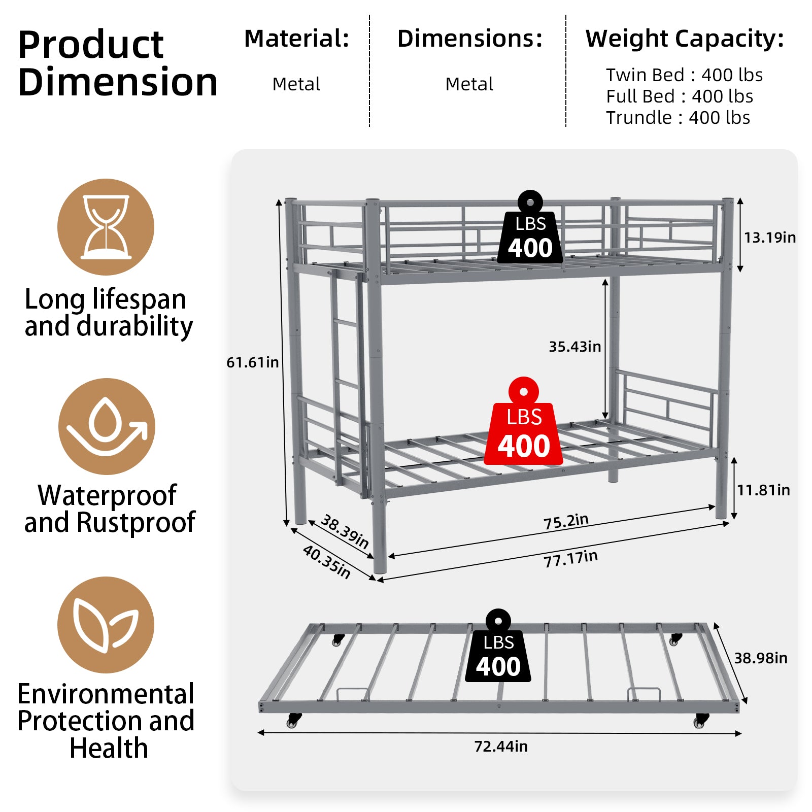 Uiowio Triple Bunk Bed Twin over Twin with Trundle,Triple Twin Bunk Bed with Ladder & Guardrail,Metal Convertible Triple Bunk Bed Frame for Teen & Adult,Bedroom,Dorm,Silver(Mattress not included)