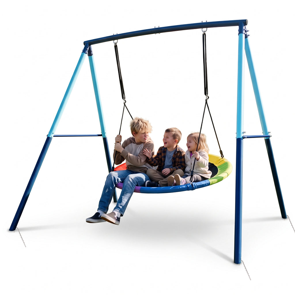 Kdymod 48" Saucer Swing Set, 900D Oxford Disc Seat, Heavy‑Duty Double A‑Frame Metal Swing Set for Backyard, Outdoor Playground for Kids 3‑10, Blue