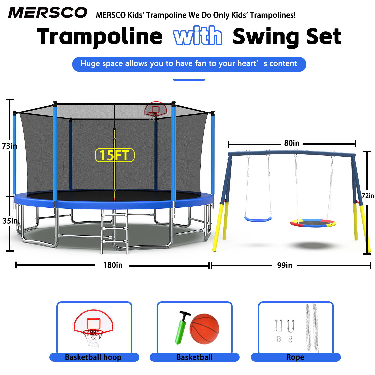 Mersco 15FT Heavy Duty Trampoline with Enclosure Net ,Swing Set Outdoor Big Trampoline for Backyard,Kids Trampoline with Basketball Hoop,Birthday and Holiday Gifts for Kids Jumping Trampoline,Blue