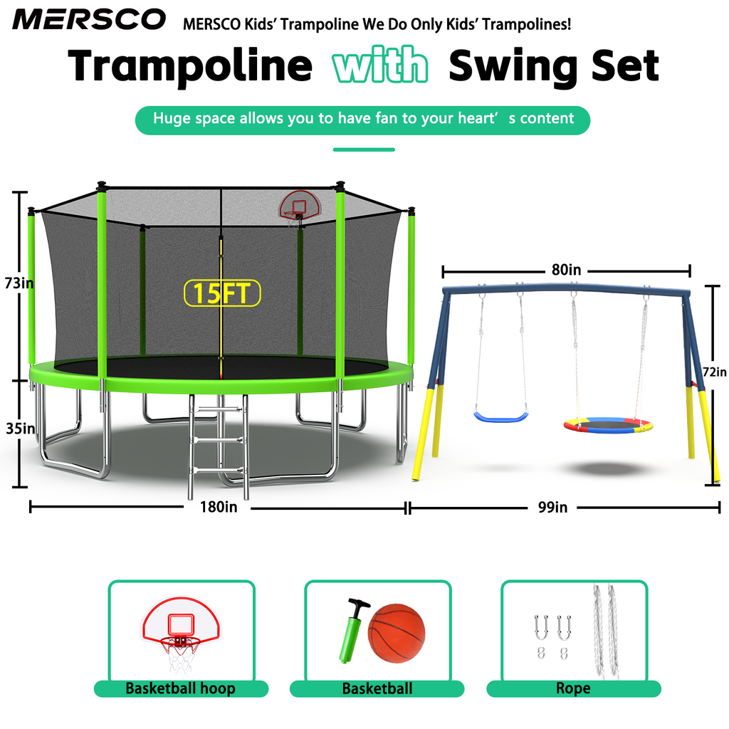 Mersco 15FT Heavy Duty Trampoline with Enclosure Net , Swing Set Outdoor Big Trampoline for Backyard,Kids Trampoline with Basketball Hoop,Birthday and Holiday Gifts for Kids,Green