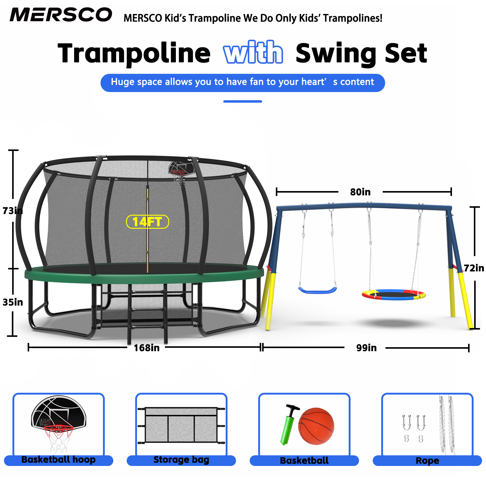 Mersco 14FT Heavy Duty Trampoline with Enclosure Net , Swing Set Outdoor Big Trampoline for Backyard, Kids Trampoline with Basketball Hoop, Kids Birthday and Festival Gifts,Green