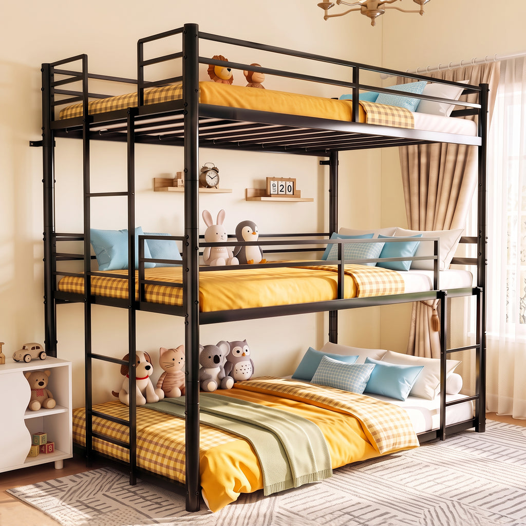 Kdymod Triple Bunk Bed Twin over Twin over Twin with 2 Ladders & Guardrails, Includes 3 Twin 6" Memory Foam Mattresses, Heavy Duty Detachable Metal Bed Frame, Converts to 3 Separate Beds