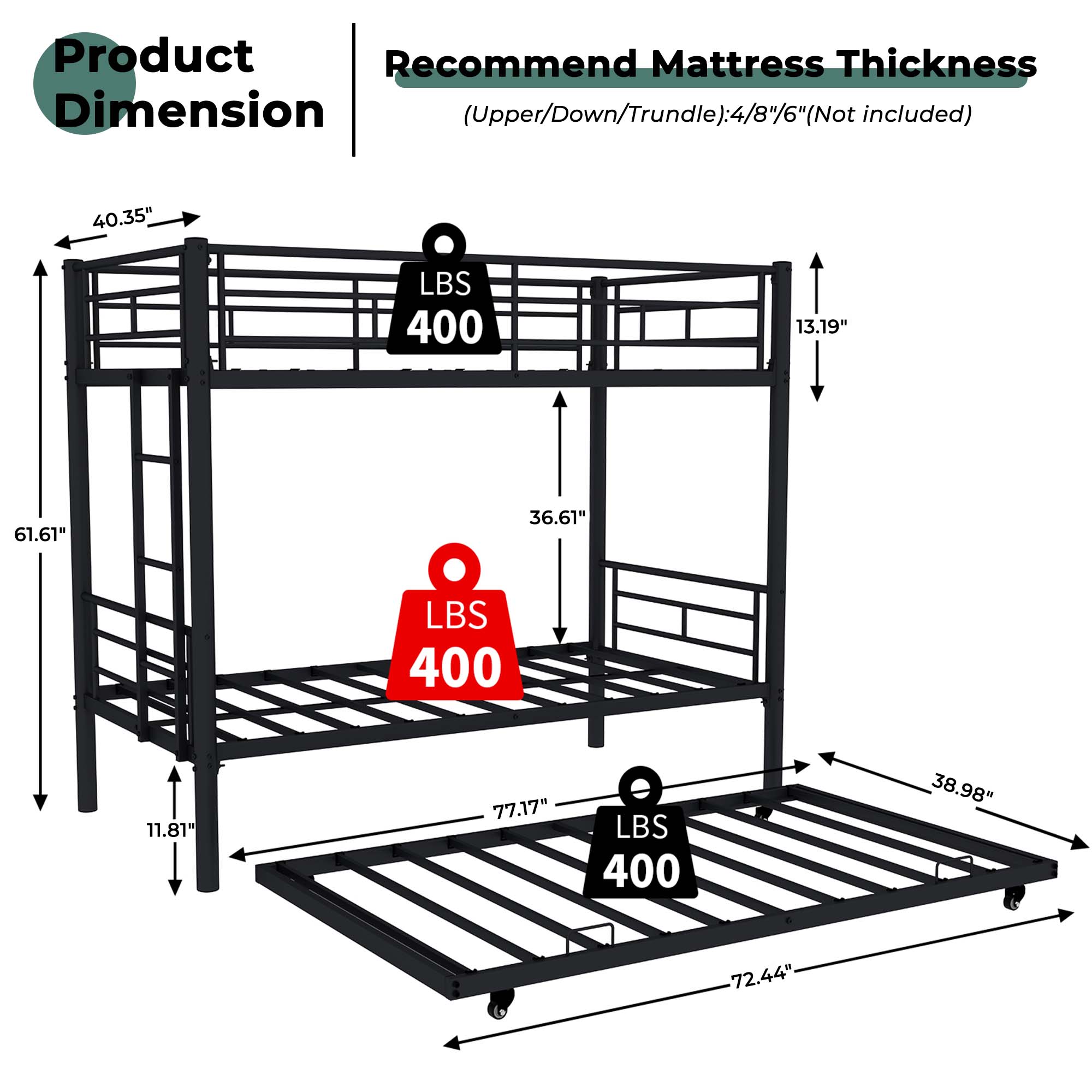 Kdymod Triple Bunk Bed Twin over Twin with Trundle, Includes 3 Twin Size 6" Green Tea Memory Foam Mattresses, Convertible Metal Frame with Ladder and Guardrail, for Teens and Adults, Black