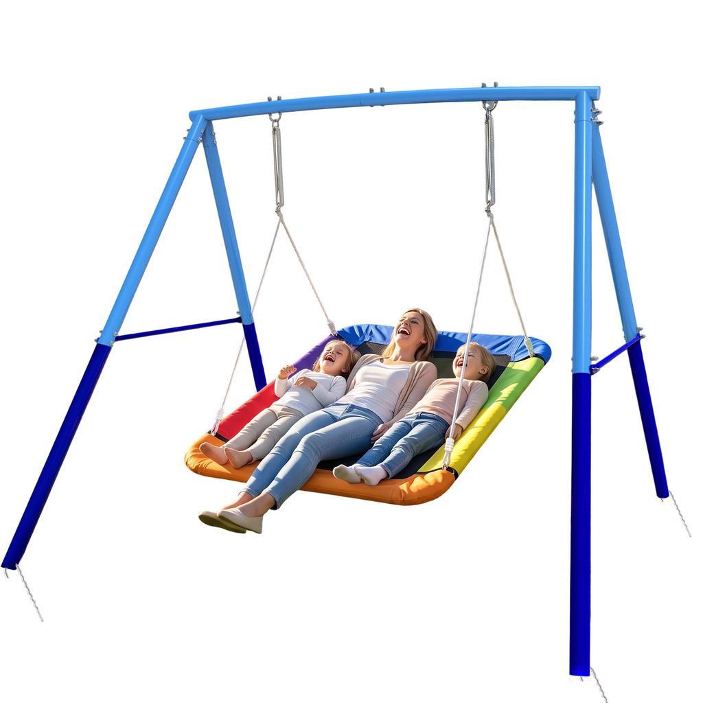 Kdymod 60 Inch Rectangular Platform Swing Set, PP + 900D Oxford Cushion, Metal A-Frame Swing for Backyard, 440 Lbs Capacity, Adjustable Ropes & Ground Nails, Blue