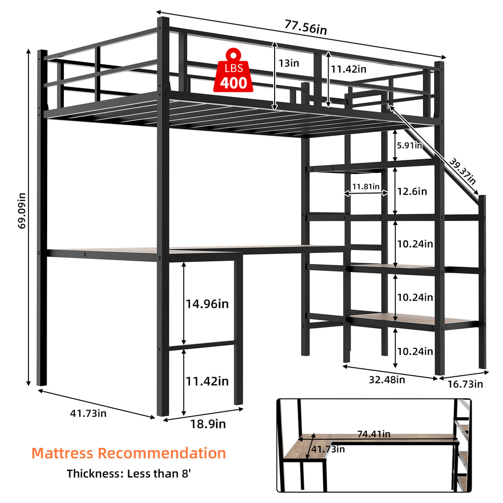 Uiowio Twin Loft Bed with L-Shaped Desk & Large Storage, Space-Saving Loft Bed Frame with Stairs & Continuous Guard Railing, Black