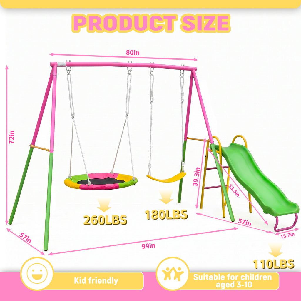 Mersco 3-in-1 Swing Set for Backyard with Slide, Swing Heavy Duty 440lbs Metal Outdoor Swing Stand, Contain 1 Saucer 32" and 1 Belt Seat 26.2" ,Slide for Playground, Backyard Playset