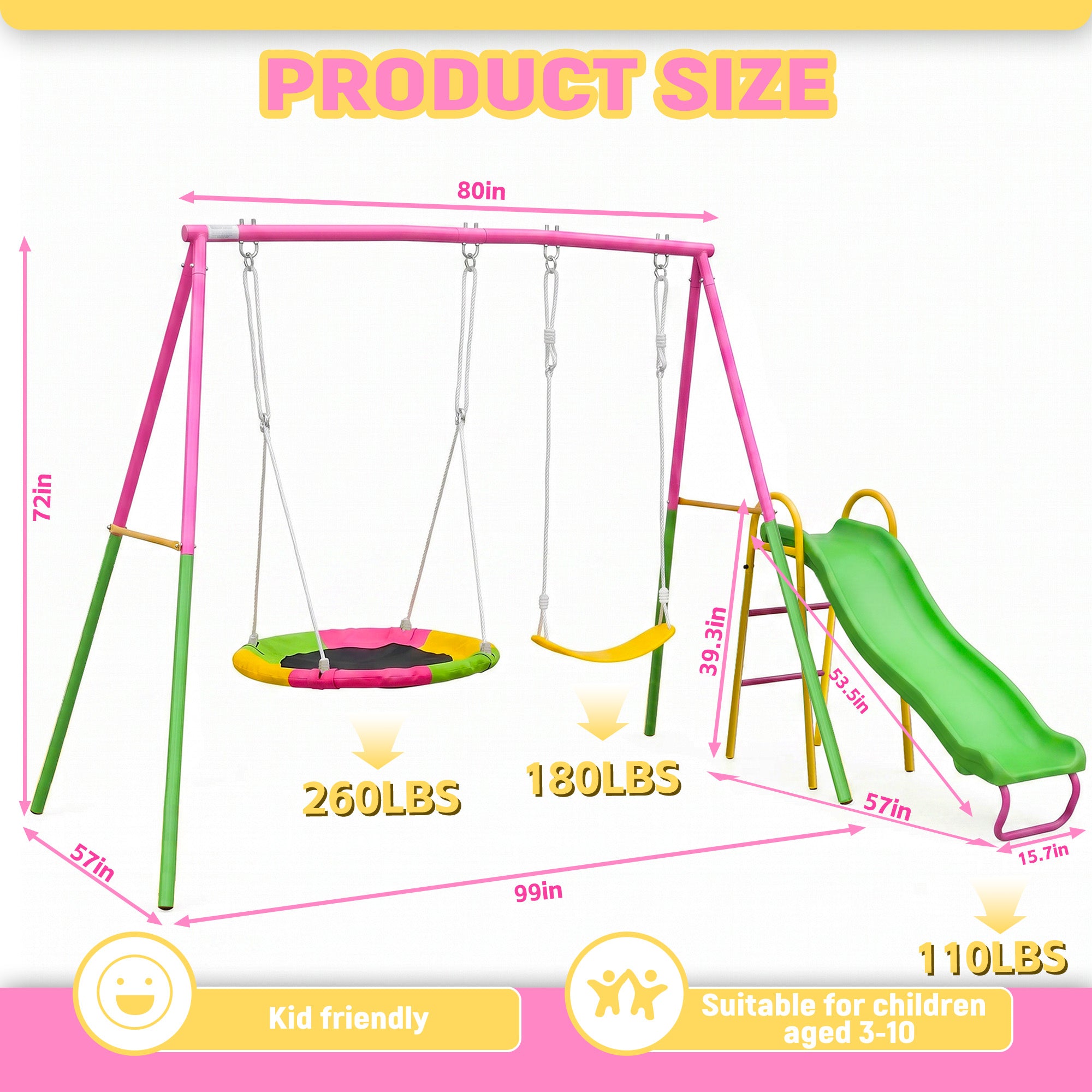 Mersco 3-in-1 Swing Set for Backyard with Slide, Swing Heavy Duty 440lbs Metal Outdoor Swing Stand, Contain 1 Saucer 32" and 1 Belt Seat 26.2" ,Slide for Playground, Backyard Playset