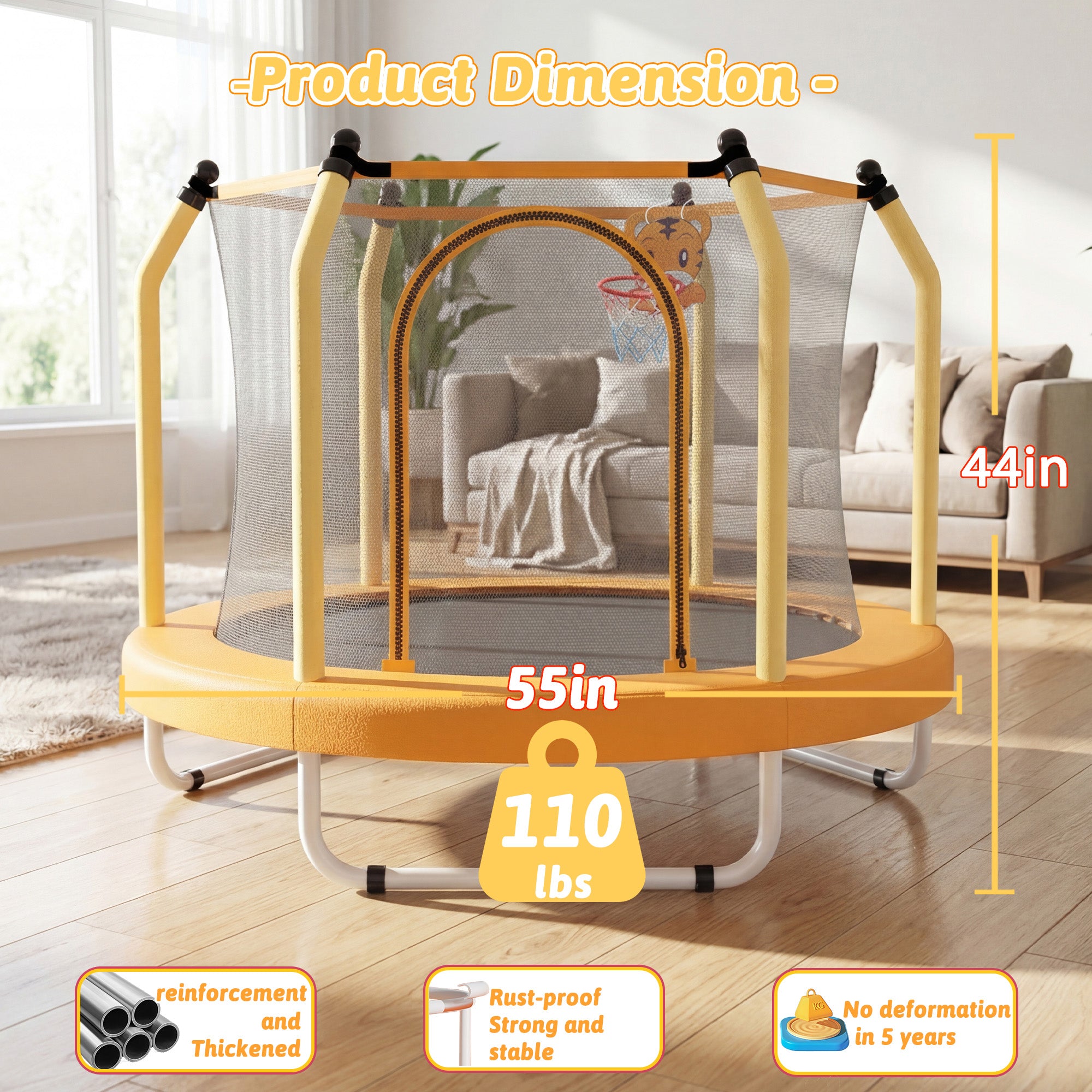 Mersco 55inch Kids Trampoline for Toddlers,Indoor and Outdor Trampoline with Safety Net, Mini Small Children Trampolines with Basketball Hoop,Toddler Trampoline Birthday Gifts for Boys Girls, Orange