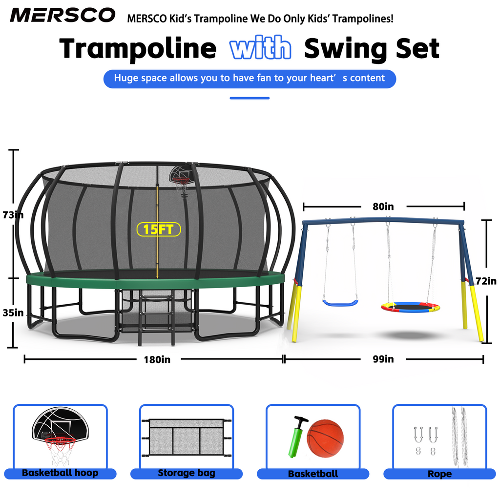 Mersco 15FT Heavy Duty Trampoline with Enclosure Net & Swing Set Outdoor Big Trampoline for Backyard, Kids Trampoline with Basketball Hoop, 1320LBS Capacity (Green)