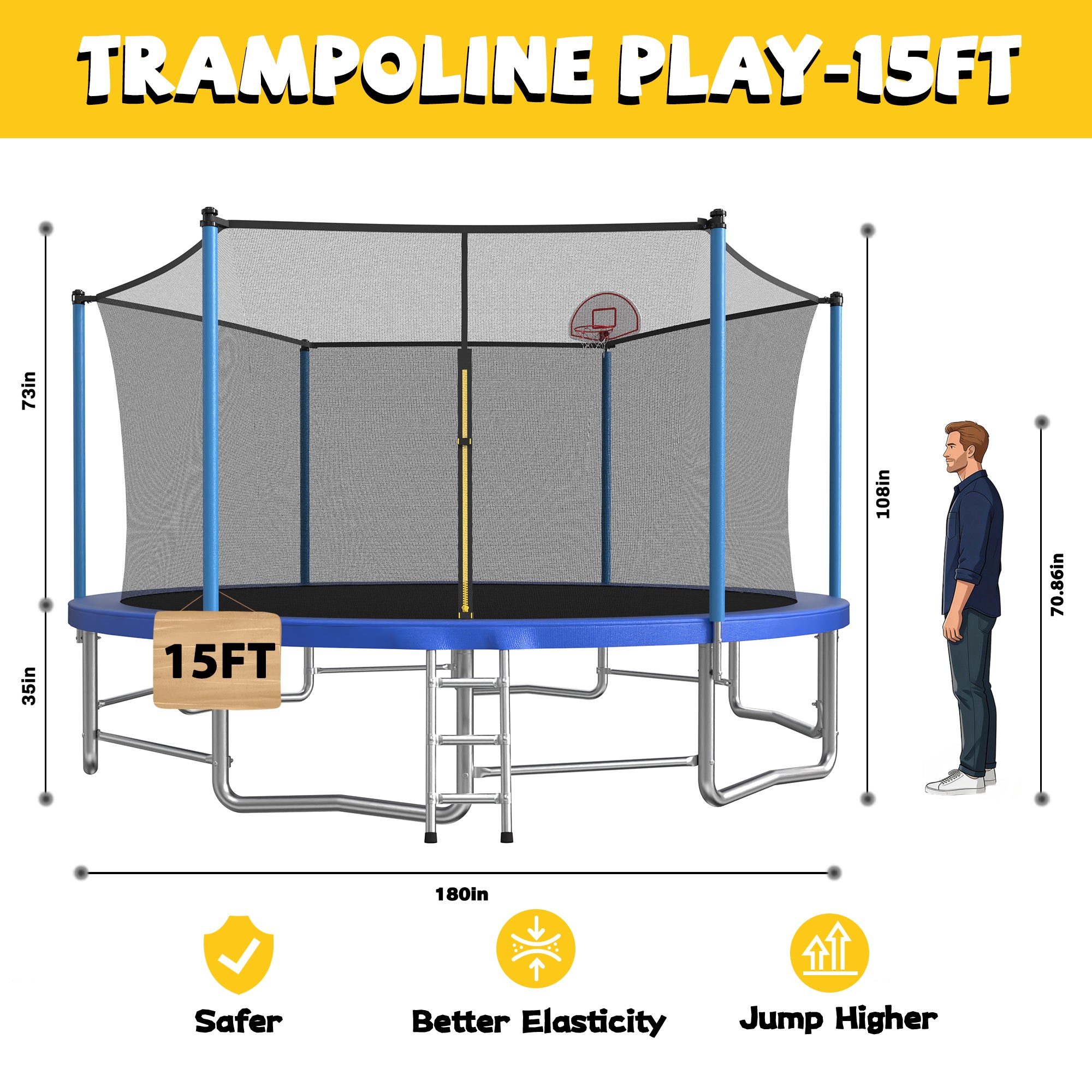 Mersco 15ft Trampoline for Kids Adults,Outdoor Upright-Poled Trampoline with Enclosure,Basketball Hoop and Ladder,Jumping Trampoline PLAY for Boys and Girls Birthday Gift ,Blue