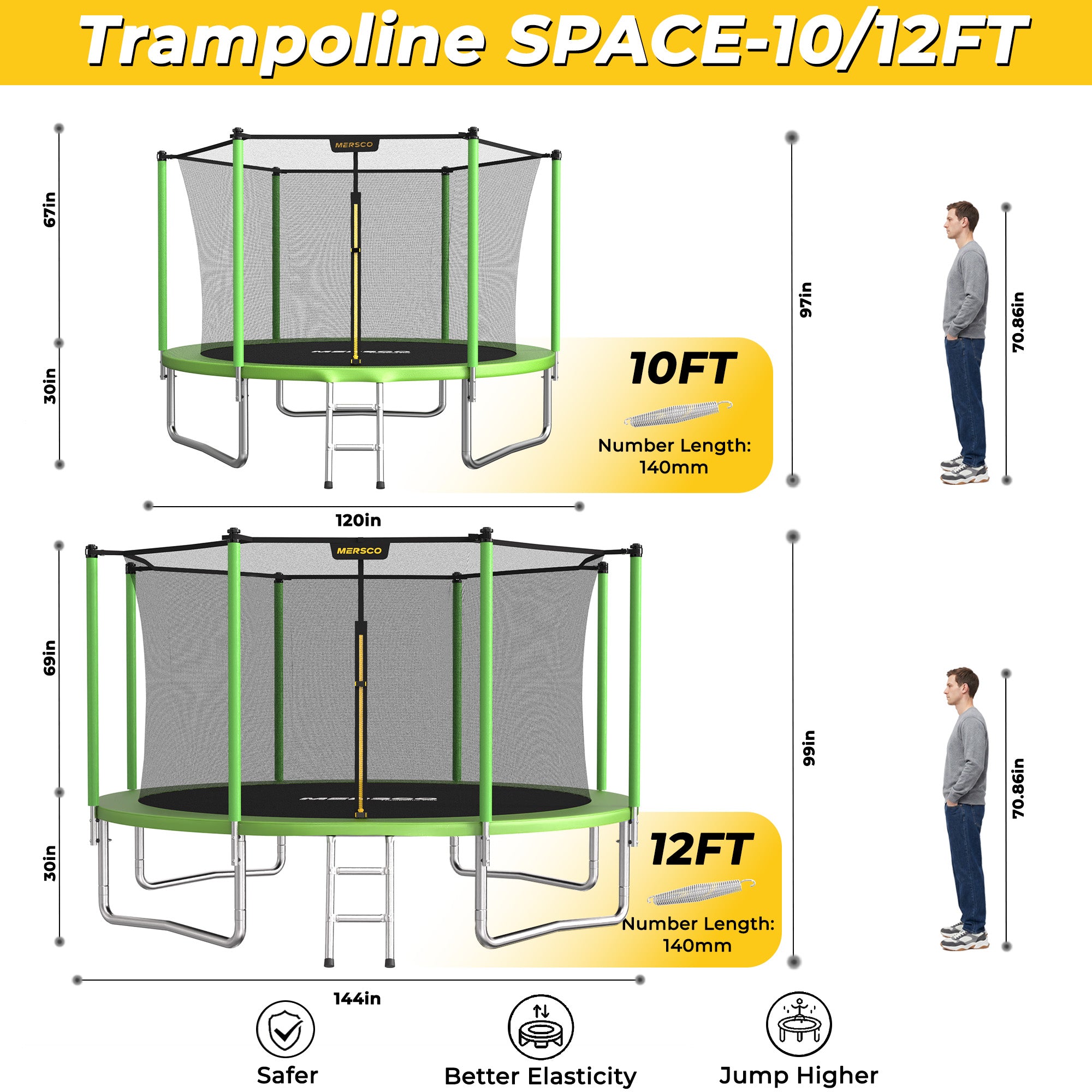 Mersco 10ft Trampoline for Kids,Outdoor Trampoline with Enclosure Net and Ladder,Upright-Poled Backyard Trampoline PLAY for Family Fun,Birthday Gifts,Green