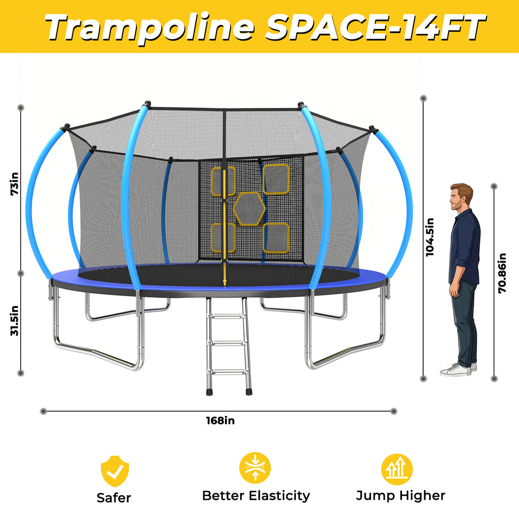 Mersco 14FT Trampoline for Kids with Mulifunctional Target Cloth,Outdoor Recreational Trampolines with Enclosure Net ,Ladder,Jumping Trampoline Space for Boys and Girls Birthday Festival Gifts,Blue