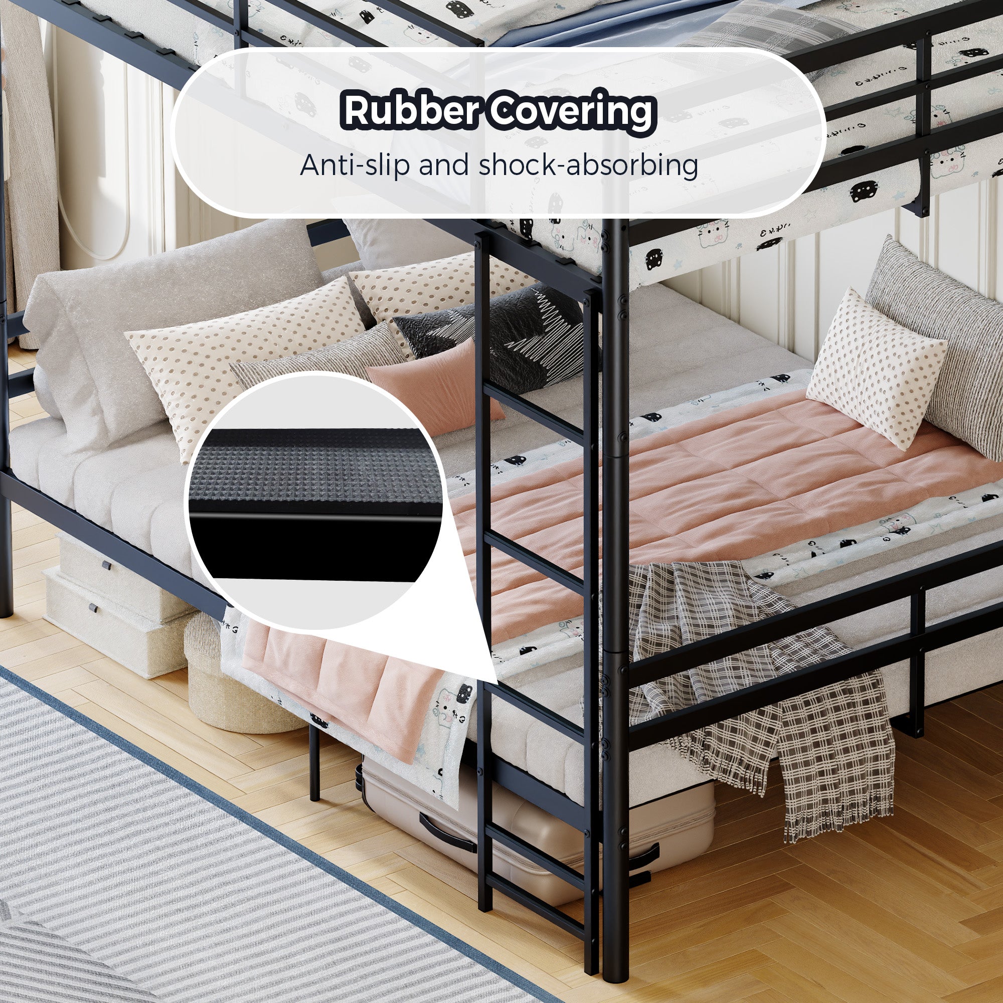 Kdymod Twin over Twin Metal Bunk Bed with Storage, Converts to 2 Separate Beds, Heavy-Duty & Space-Saving Bed Frame with Built-in Ladder & Safety Guardrail, Black