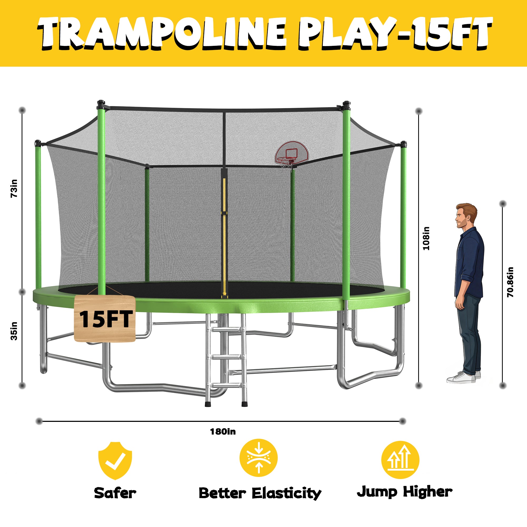 Mersco 15ft Trampoline for Kids and Adults,Outdoor Trampoline with Enclosure,Basketball Hoop and Ladder,Upright-Poled Backyard Trampoline,Jumping Trampoline PLAY for Boys and Girl Birthday Gift,Green