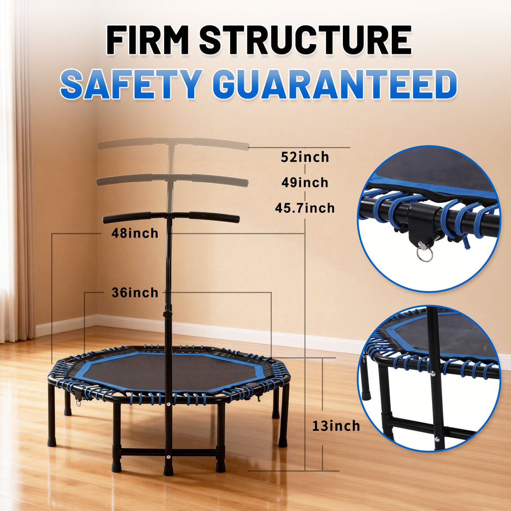 Mersco 48'' Foldable Fitness Trampoline With Adjustable Handlebar for Adults, 450LBS Indoor Sports Trampoline With Durable Bungee Ropes,Quiet Exercise Rebounder for Cardio and Strength Training ,Blue