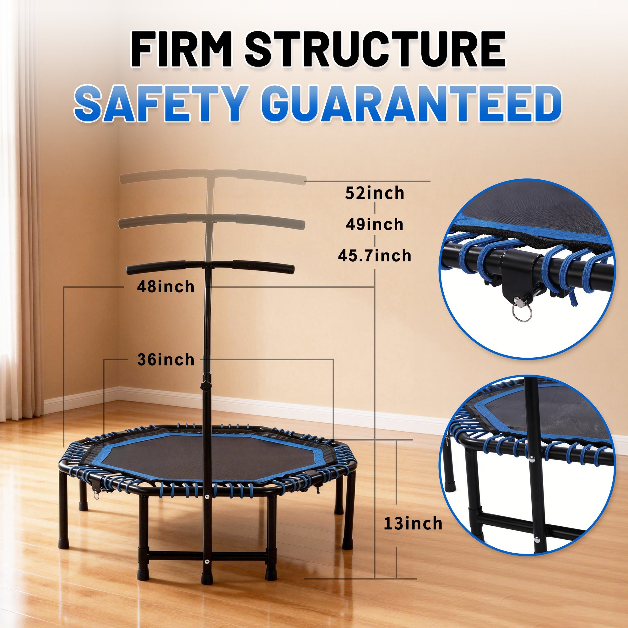 Mersco 48'' Foldable Fitness Trampoline With Adjustable Handlebar for Adults, 450LBS Indoor Sports Trampoline With Durable Bungee Ropes,Quiet Exercise Rebounder for Cardio and Strength Training ,Blue