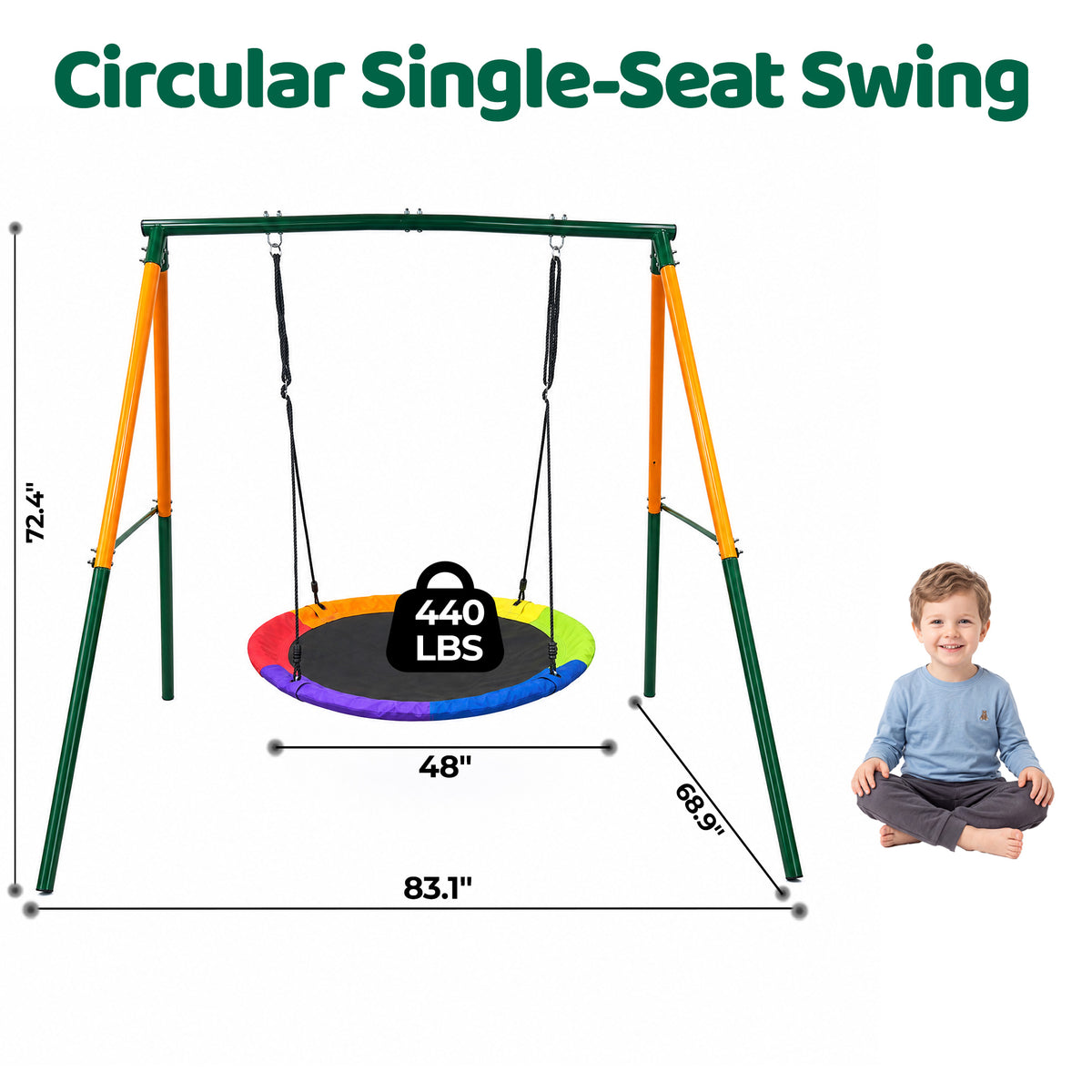 Mersco 48"Swing Set for Backyard with Stand,440 LBS Saucer Swing for Kids Outdoor with Heavy-Duty Metal Frame & Adjustable Ropes Round Swing,Green