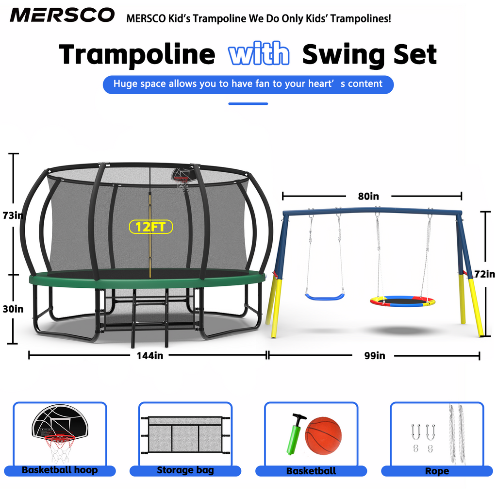 Mersco 12FT Heavy Duty Trampoline with Enclosure Net & Swing Set Outdoor Big Trampoline for Backyard,Kids Trampoline with Basketball Hoop,1320LBS Capacity,Birthday & Holiday Gifts for Kids,Green