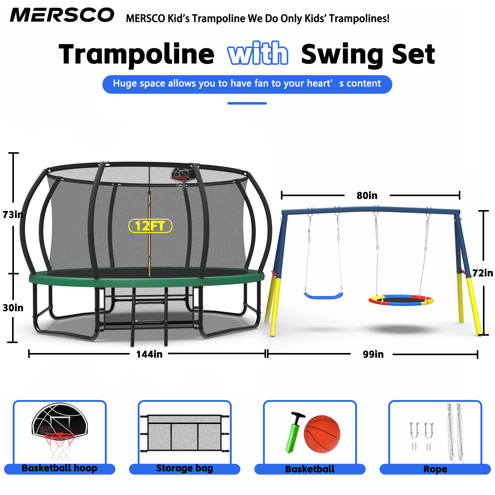 Mersco 12FT Heavy Duty Trampoline with Enclosure Net & Swing Set Outdoor Big Trampoline for Backyard,Kids Trampoline with Basketball Hoop,1320LBS Capacity,Birthday & Holiday Gifts for Kids,Green
