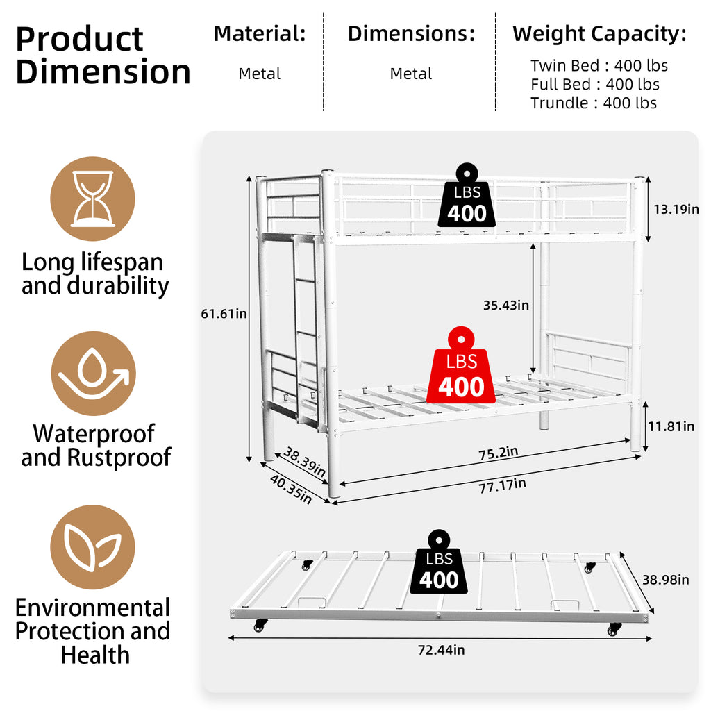 Uiowio Triple Bunk Bed Twin over Twin with Trundle,Triple Twin Bunk Bed with Ladder & Guardrail,Metal Convertible Triple Bunk Bed Frame for Teen & Adult,Bedroom,Dorm,White (Mattress not included)
