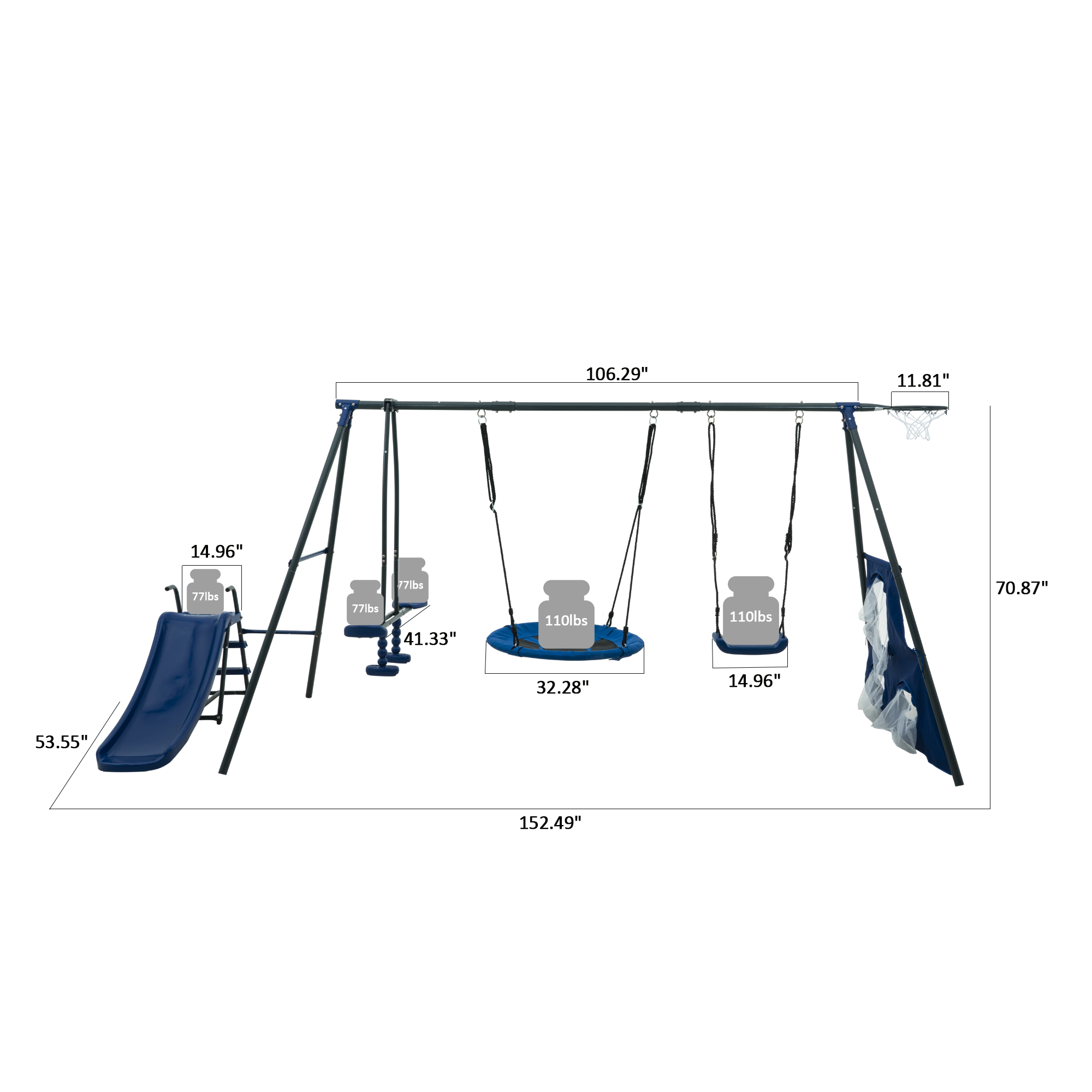 Mersco Saucer Metal Plastic Swing Set for Kids,6 in 1 Swing Sets for Outside,Heavy-Duty Playground Backyard Fun Set with Basketball Hoop,Saucer Swing,Rocking Horse,slide,soccer net &Swing for Kids