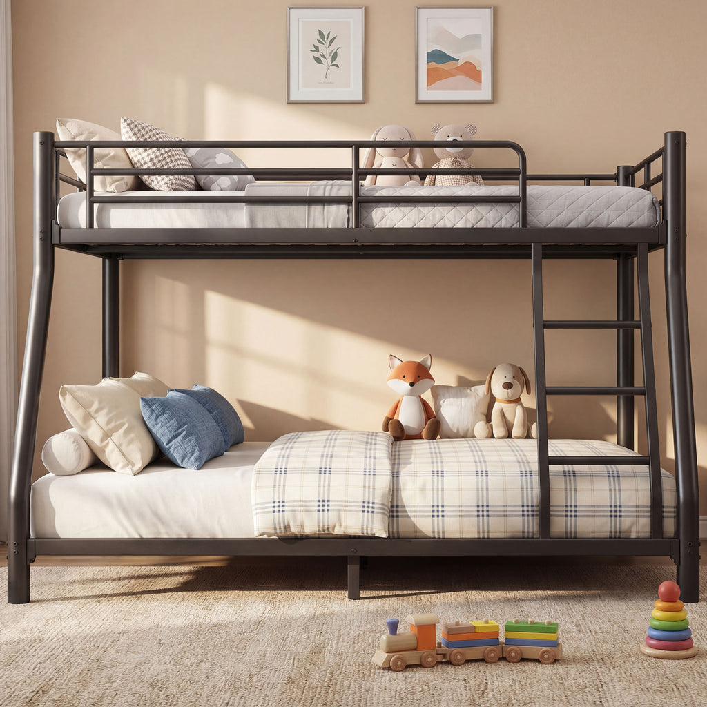 Kdymod Twin over Full Metal Low Bunk Bed with Stairs & Safety Guardrail, Includes 2 6" Memory Foam Mattresses, Space-Saving Heavy Duty Bed Frame for Adults & Teens, Black