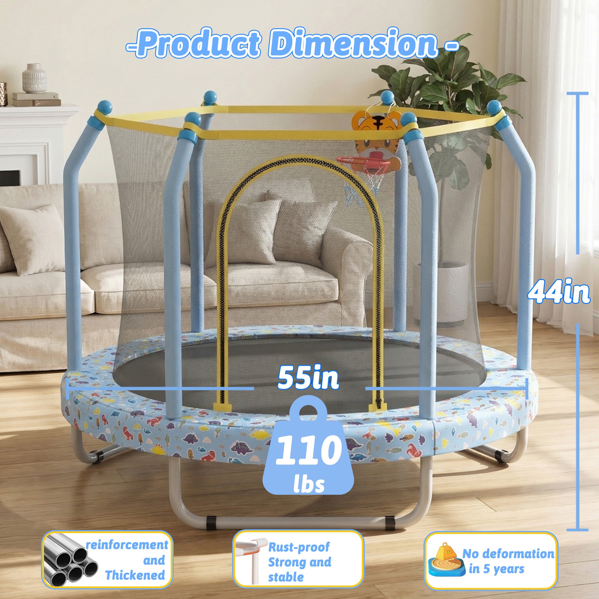 Mersco 55 inch Toddler Trampoline for Kids, Mini Trampoline with Enclosure Net and Ball ,Indoor Outdoor Small Kids Trampoline Birthday Gifts for Boys and Girls, Print