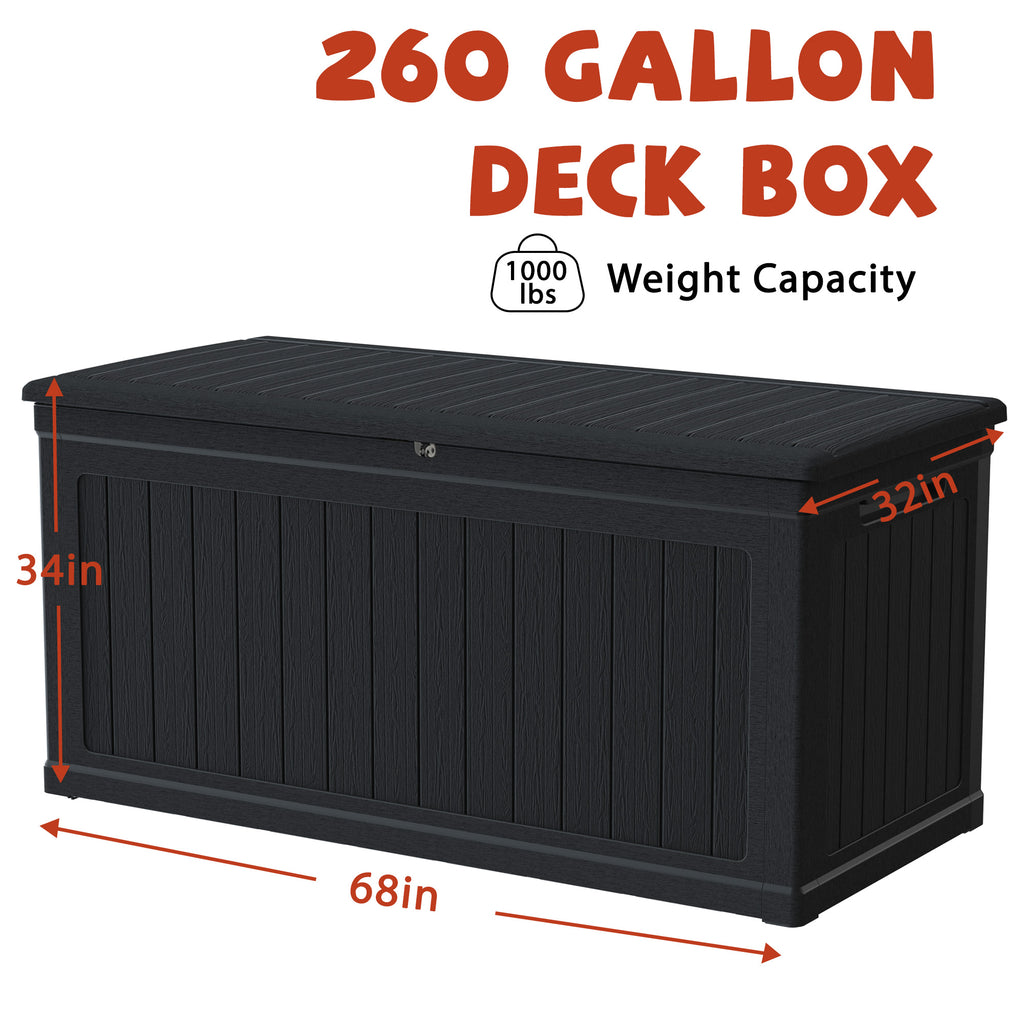 Mersco 260 Gallon Large Deck Box,Lockable Resin Outdoor Indoor Storage Box with Hundles,Waterproof UV Resistant Outside Deck Box for Patio Furniture Cushions, Pool Float,Garden Tool,Black
