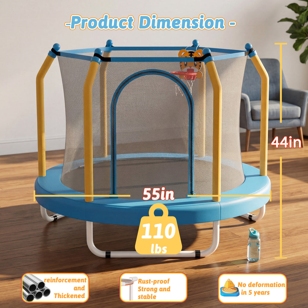 Mersco 55inch Kids Trampoline for Toddlers, Indoor and Outdor Toddler Trampoline with Safety Net, Mini Small Children Trampolines with Basketball Hoop,Baby Toys Gifts for Boys Girls, Birthday, Blue