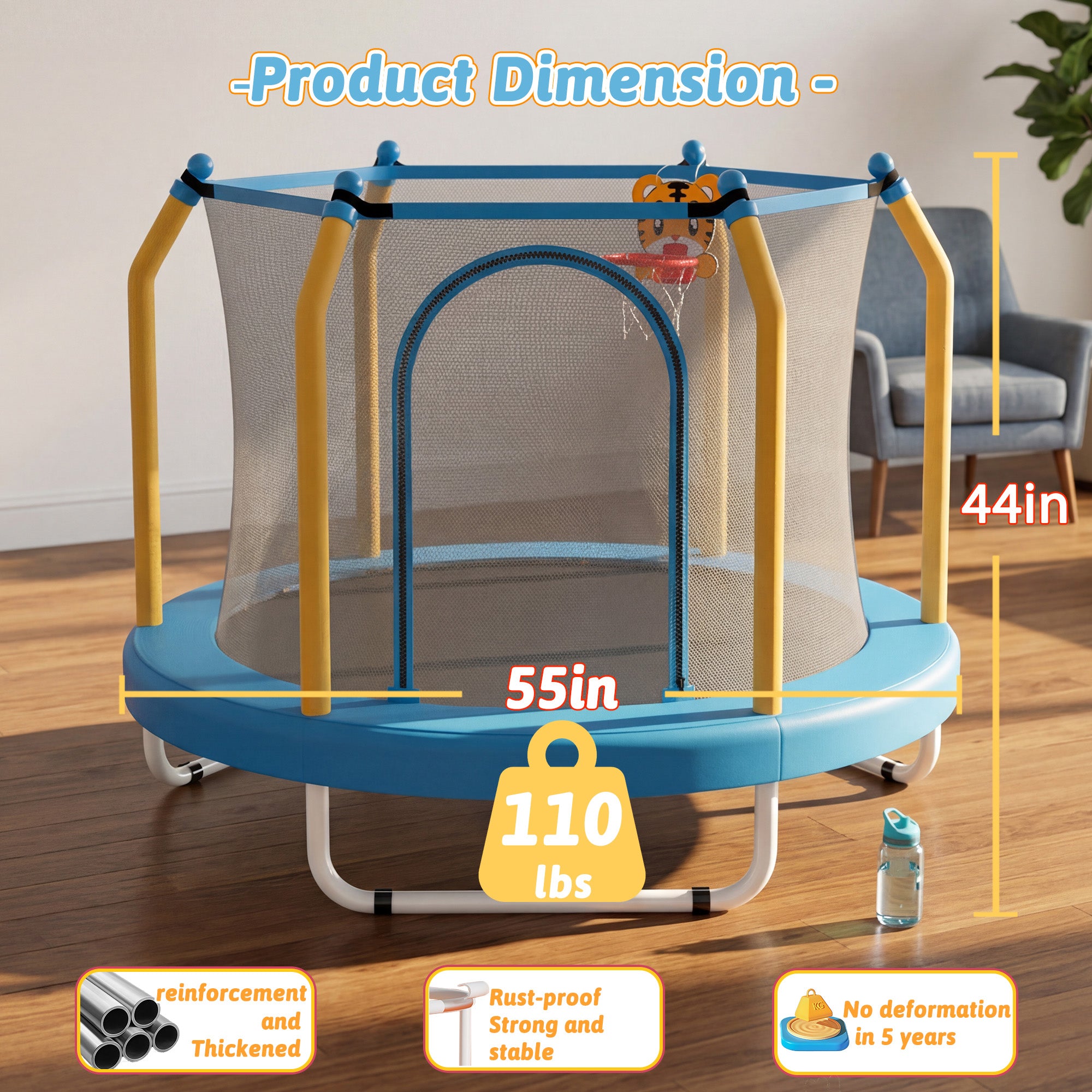 Mersco 55inch Kids Trampoline for Toddlers, Indoor and Outdor Toddler Trampoline with Safety Net, Mini Small Children Trampolines with Basketball Hoop,Baby Toys Gifts for Boys Girls, Birthday, Blue