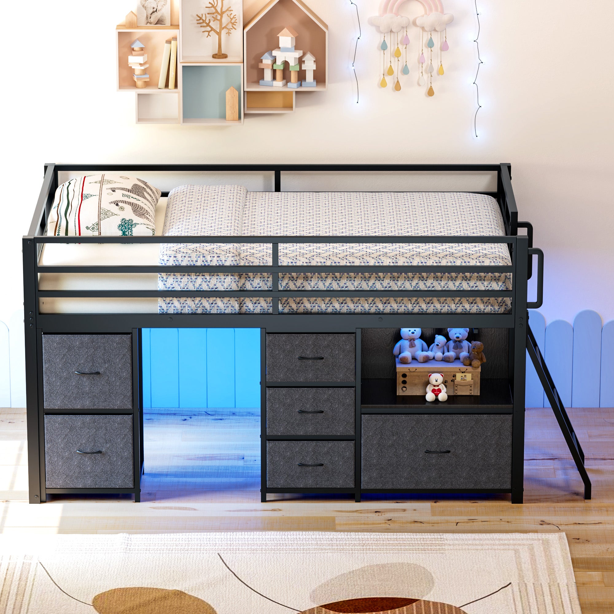 Kdymod Loft Bed Twin with 6 Storage Drawers & Shelf,Teens Adult Loft Bed with LED Lights & Play Curtain,Metal Twin Loft Storage Bed Frame with Ladder & Safety Guardrail for Bedroom Small Room
