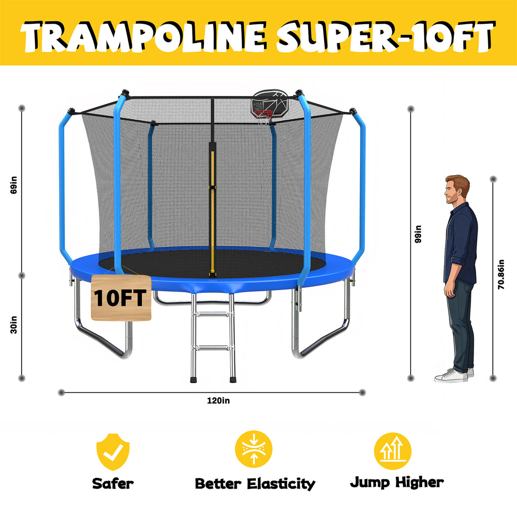 Mersco 10ft Trampoline for Kids and Adults,No-Gap Design Outdoor Trampoline with Basketball Hoop,Enclosure Net and Ladder,Jumping Trampoline SUPER for Boys and Girls Birthday Gift,Blue
