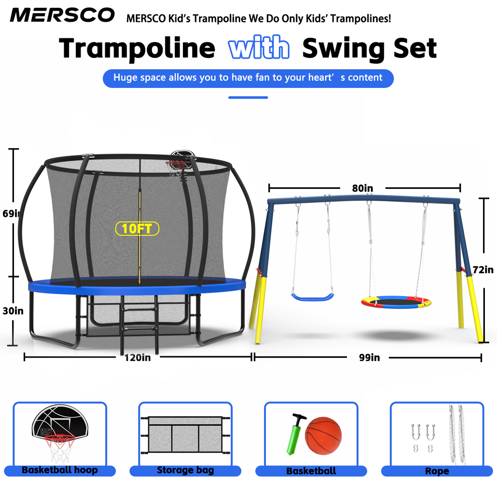 Mersco 10FT Heavy Duty Trampoline with Enclosure Net ,Swing Set Outdoor Big Trampoline for Backyard, Kids Trampoline with Basketball Hoop,Kids Birthday and Festival Gifts,Blue