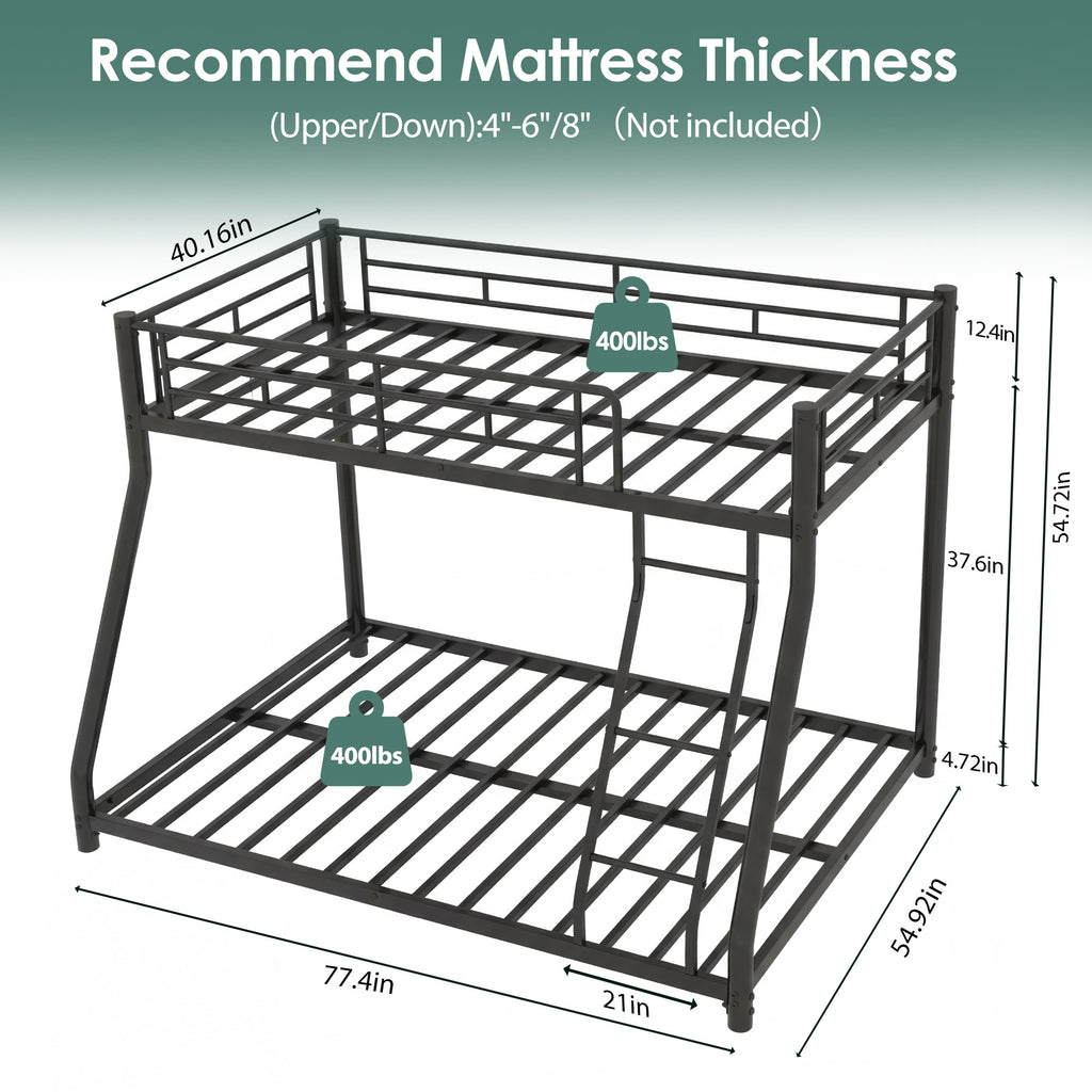 Netrum Twin over Full Bunk Bed for Teens Adults,Heavy Duty Metal Bunk Beds Frame with Ladder,Twin Full Size Bed Bunk Bed with Safe Guardrail for Small Rome,Black