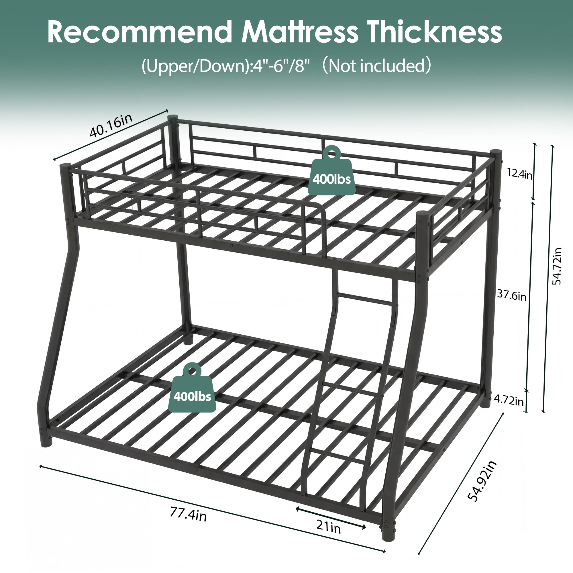 Netrum Twin over Full Bunk Bed for Teens Adults,Heavy Duty Metal Bunk Beds Frame with Ladder,Twin Full Size Bed Bunk Bed with Safe Guardrail for Small Rome,Black