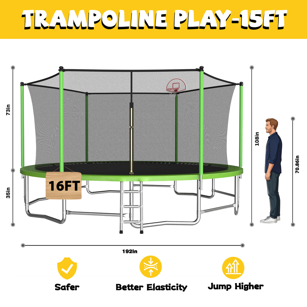 Mersco 16ft Trampoline for Kids and Adults,Outdoor Trampoline with Enclosure,Basketball Hoop and Ladder,Upright-Poled Backyard Trampoline,Jumping Trampoline PLAY for Boys and Girl Birthday Gift,Green