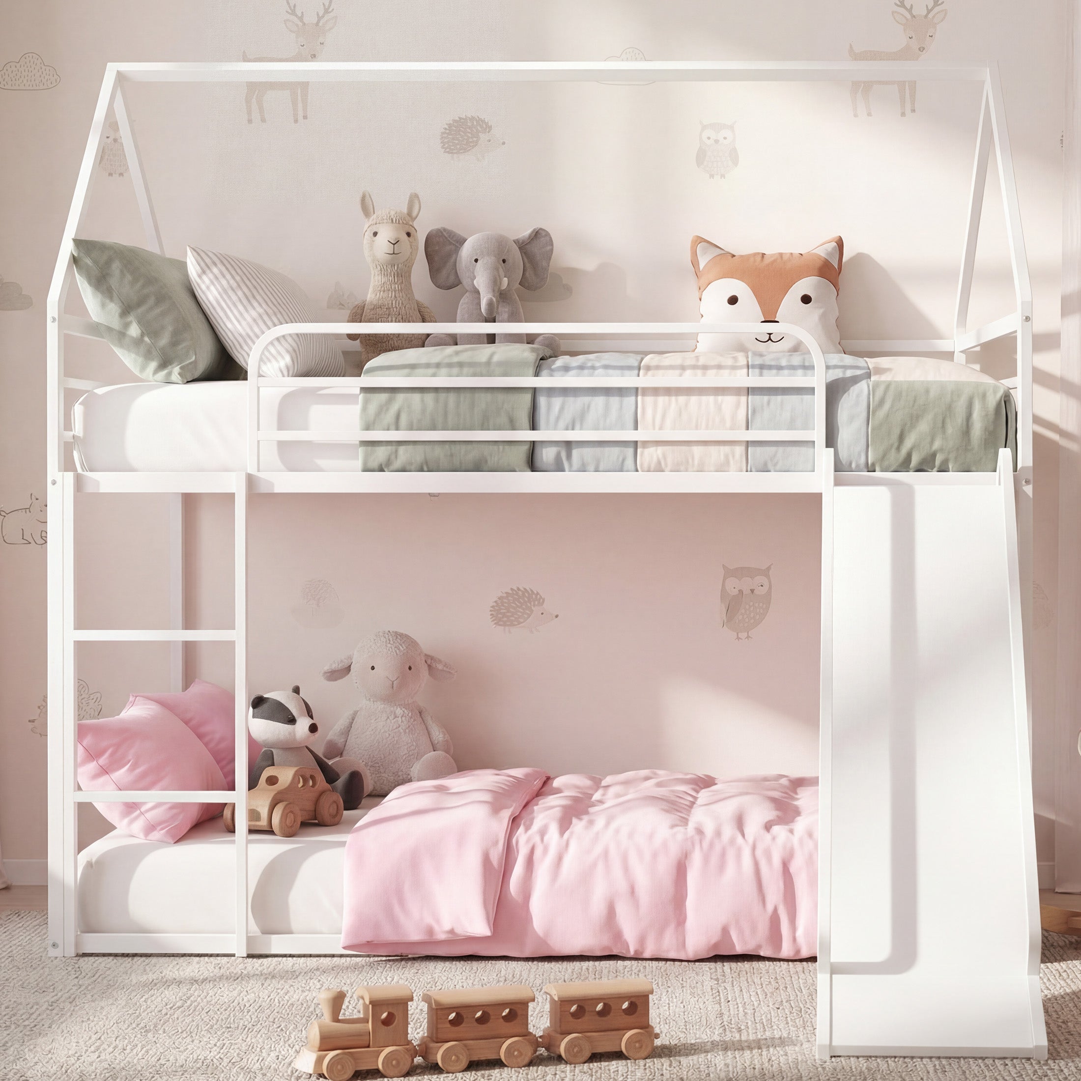 Uiowio Twin over Twin Bunk Bed with Stairs, Floor Bunk Bed Frame with Convertible Slide, Heavy Duty Metal Low Bed with House Shape and Roof, White