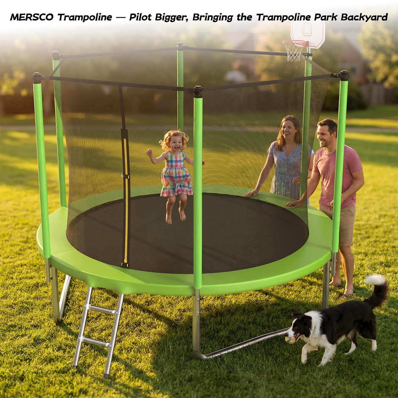 Mersco 10ft Trampoline for Kids,Outdoor Trampoline with Enclosure,Basketball Hoop and Ladder,Upright-Poled Backyard Trampoline PLAY for Family Fun,Birthday Gifts,Green